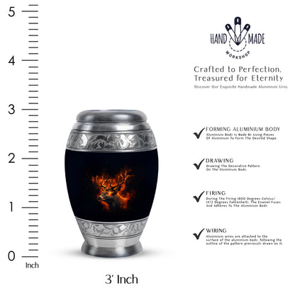 Rich Black Deer Cremation Urn lifestyle display on memorial shelf - ornate monarch-style deer relief on brushed aluminum - mini keepsake memorial for portion of cremation ashes