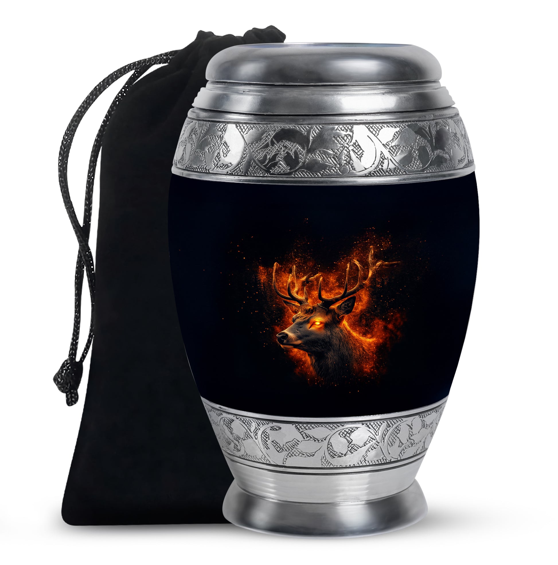 Obsidian Black Deer Cremation Urn back view with polished surface - royal deer engraving with decorative scrollwork - full-size 10 inch 200 cubic inch adult cremation urn