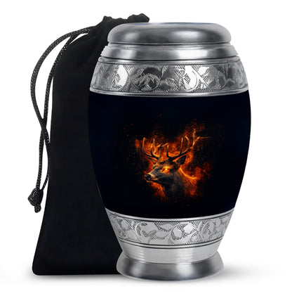 Obsidian Black Deer Cremation Urn back view with polished surface - royal deer engraving with decorative scrollwork - full-size 10 inch 200 cubic inch adult cremation urn