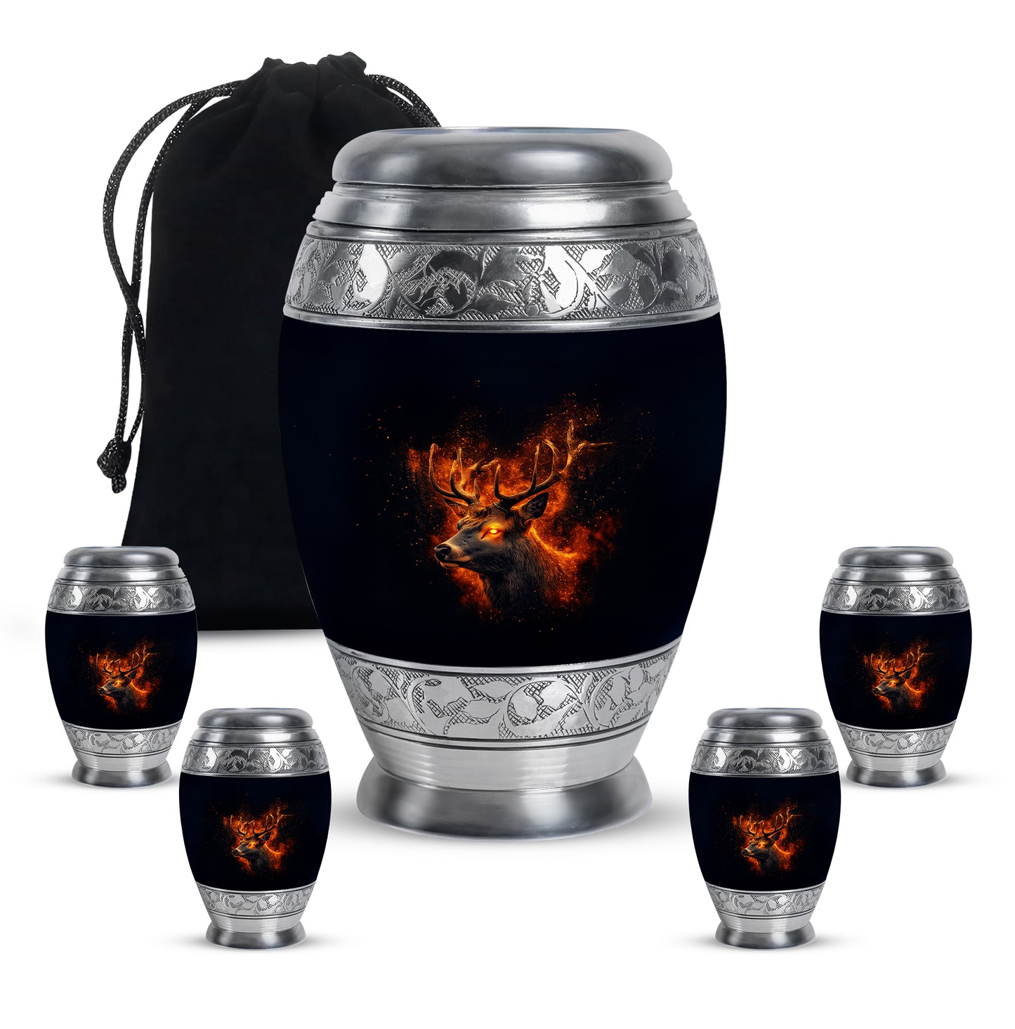 Onyx Black Deer Cremation Urn detail view - majestic deer pattern with filigree border - memorial set with one large and four small urns