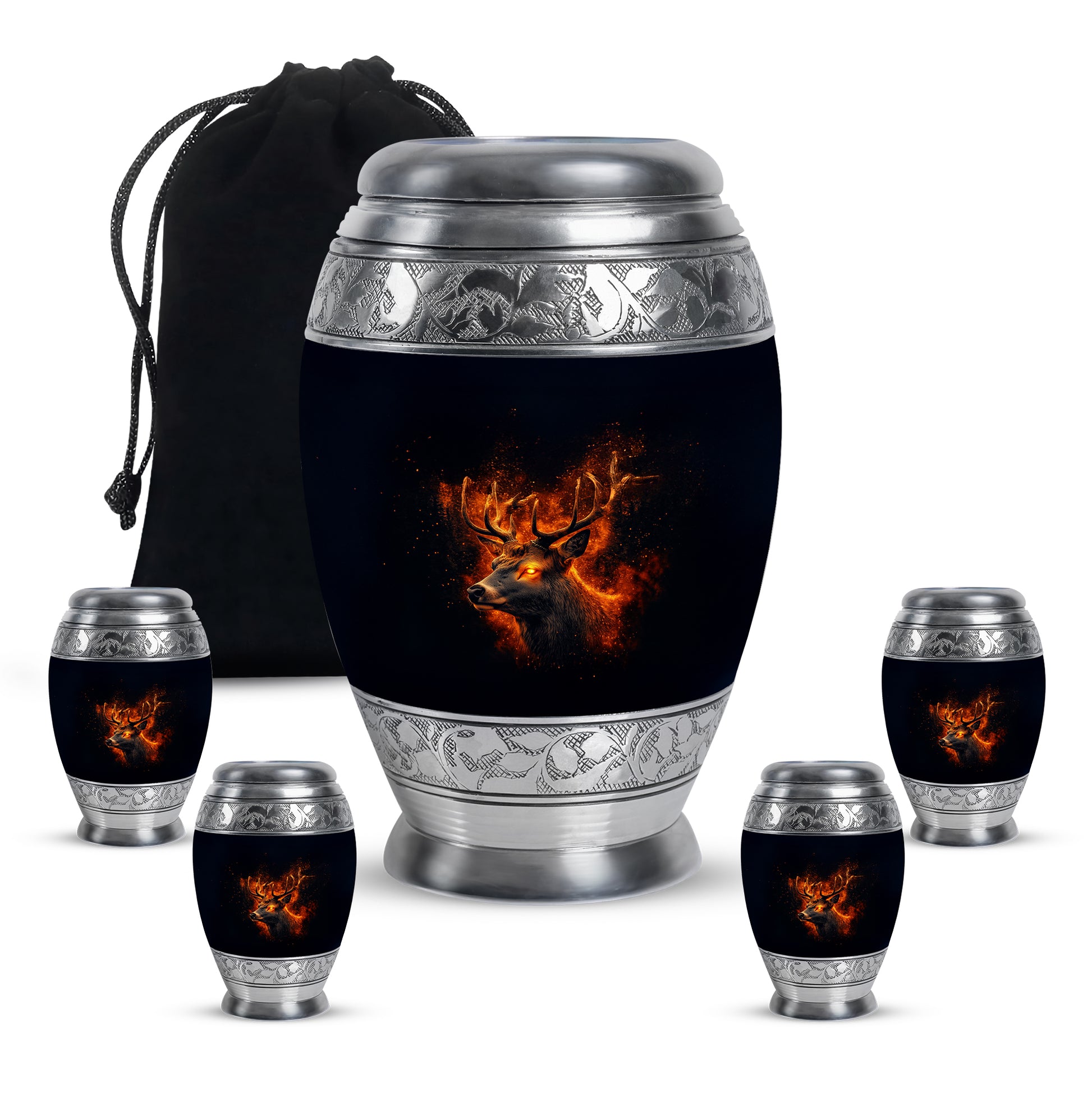 Onyx Black Deer Cremation Urn detail view - majestic deer pattern with filigree border - memorial set with one large and four small urns