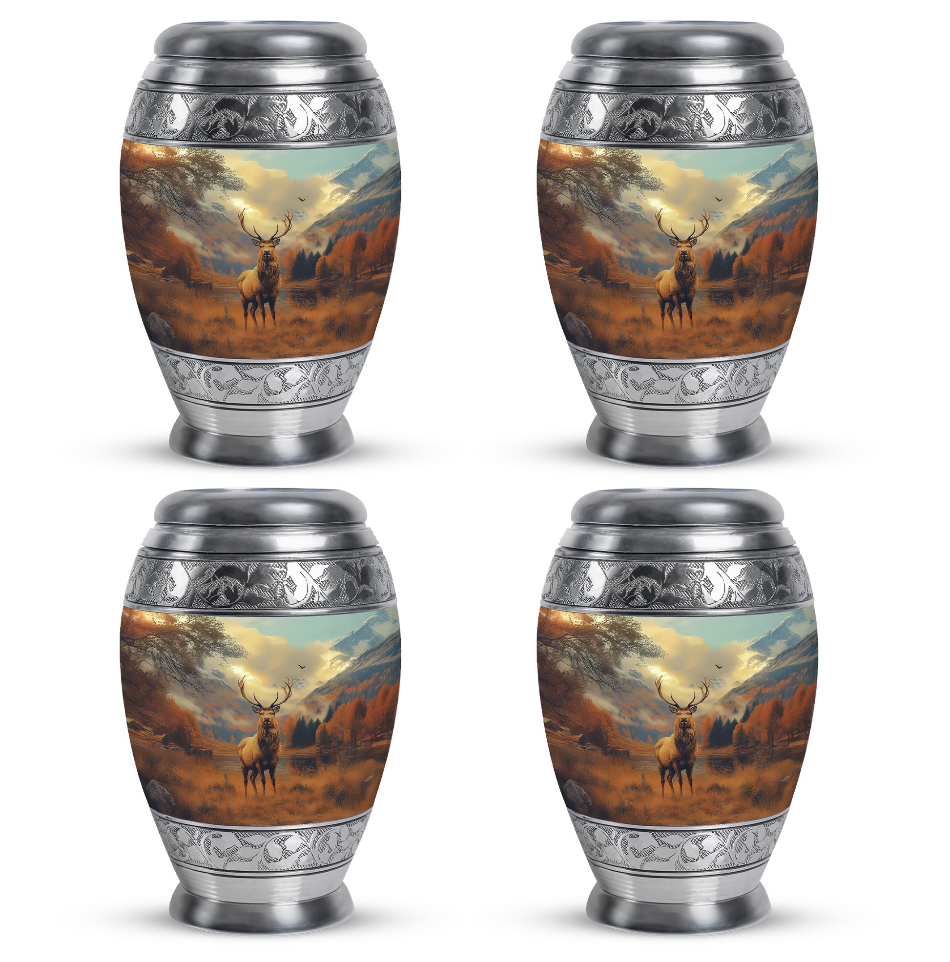 Sunrise Gold Deer Cremation Urn urn with complimentary velvet bag - regal deer design with crown-inspired accents - 10 inch aluminum urn for cremated remains