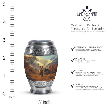Amber Gold Deer Cremation Urn lifestyle display on memorial shelf - regal deer design with crown-inspired accents - mini keepsake memorial for portion of cremation ashes