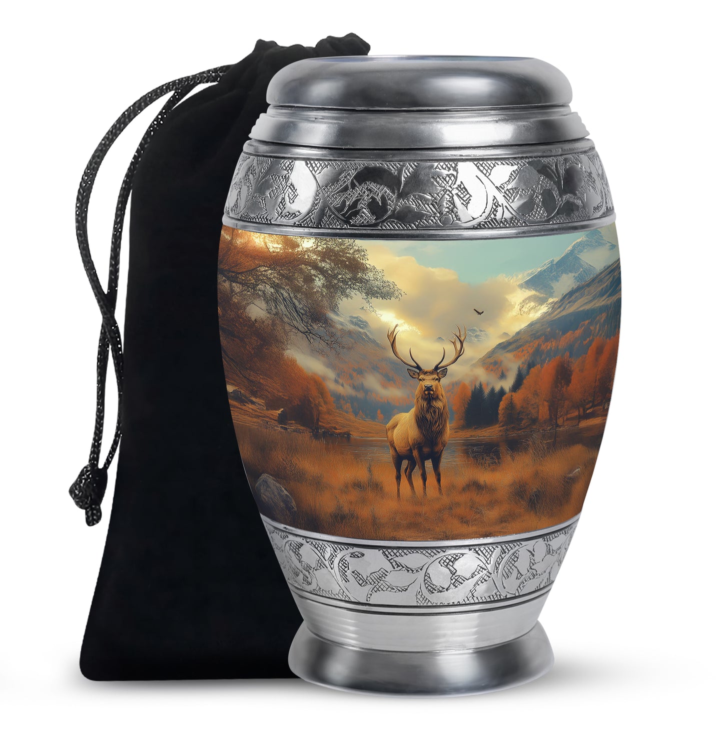 Burnished Gold Deer Cremation Urn back view with polished surface - royal deer engraving with decorative scrollwork - full-size 10 inch 200 cubic inch adult cremation urn