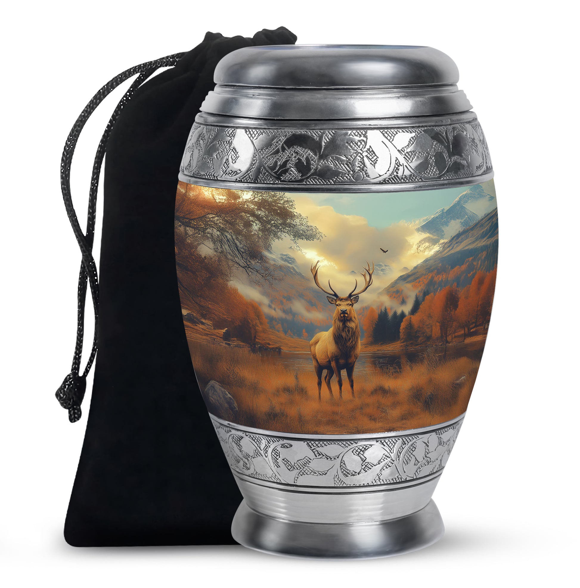 Burnished Gold Deer Cremation Urn back view with polished surface - royal deer engraving with decorative scrollwork - full-size 10 inch 200 cubic inch adult cremation urn