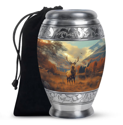 Burnished Gold Deer Cremation Urn back view with polished surface - royal deer engraving with decorative scrollwork - full-size 10 inch 200 cubic inch adult cremation urn