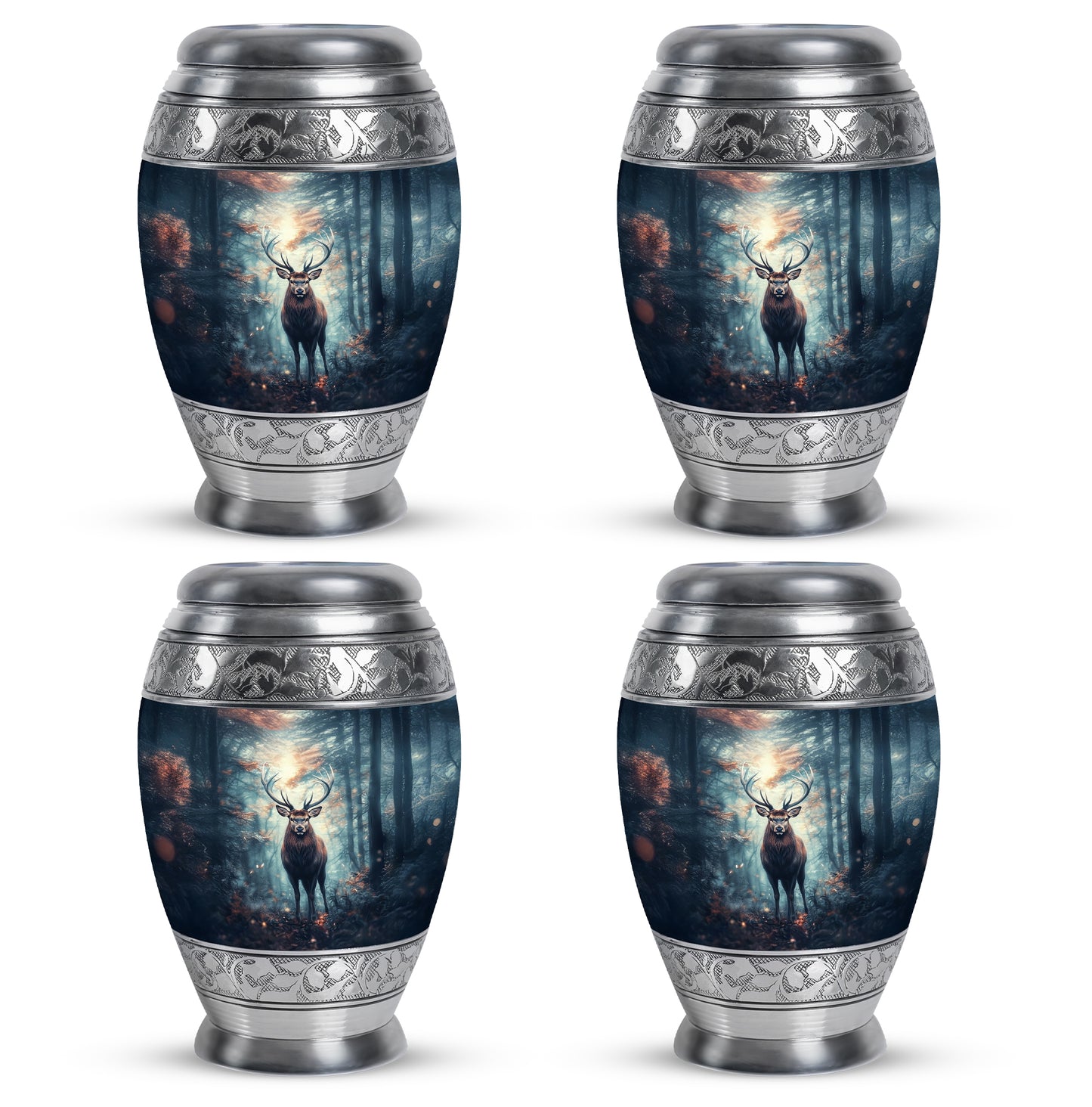 Sky Blue Deer Cremation Urn urn with complimentary velvet bag - ornate monarch-style deer relief on brushed aluminum - 10 inch aluminum urn for cremated remains