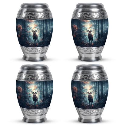 Sky Blue Deer Cremation Urn urn with complimentary velvet bag - ornate monarch-style deer relief on brushed aluminum - 10 inch aluminum urn for cremated remains