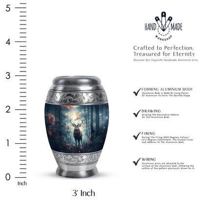 Sapphire Blue Deer Cremation Urn lifestyle display on memorial shelf - majestic deer pattern with filigree border - mini keepsake memorial for portion of cremation ashes