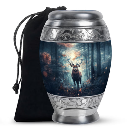 Soft Blue Deer Cremation Urn back view with polished surface - majestic deer pattern with filigree border - full-size 10 inch 200 cubic inch adult cremation urn
