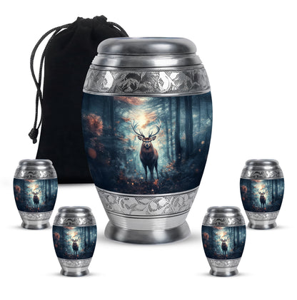 Sky Blue Deer Cremation Urn detail view - ornate monarch-style deer relief on brushed aluminum - memorial set with one large and four small urns
