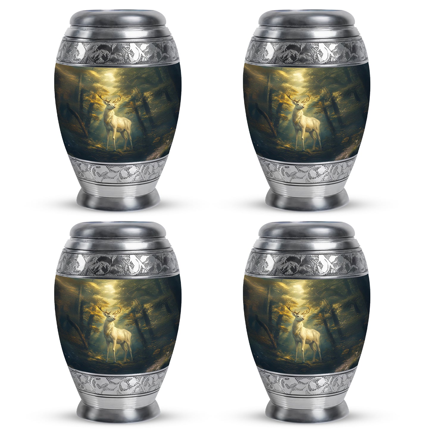 Charcoal Black Deer Cremation Urn urn with complimentary velvet bag - majestic deer pattern with filigree border - 10 inch aluminum urn for cremated remains