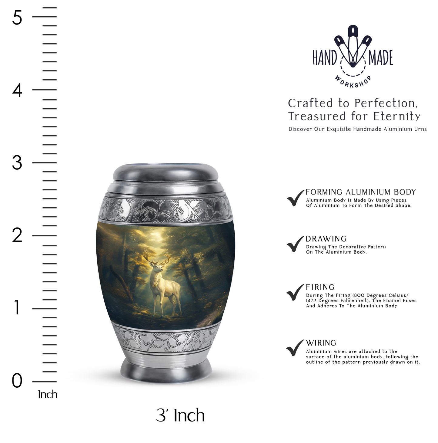 Jet Black Deer Cremation Urn lifestyle display on memorial shelf - regal deer design with crown-inspired accents - mini keepsake memorial for portion of cremation ashes