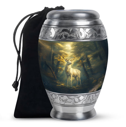 Deep Black Deer Cremation Urn back view with polished surface - regal deer design with crown-inspired accents - full-size 10 inch 200 cubic inch adult cremation urn