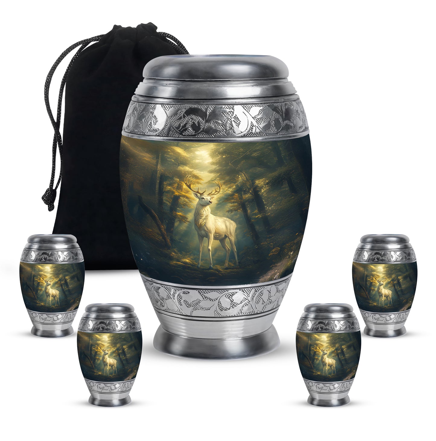 Midnight Black Deer Cremation Urn detail view - majestic deer pattern with filigree border - memorial set with one large and four small urns