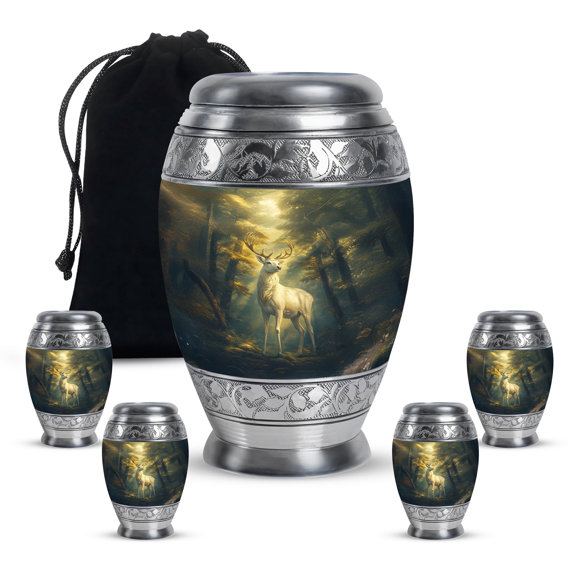 Midnight Black Deer Cremation Urn detail view - majestic deer pattern with filigree border - memorial set with one large and four small urns