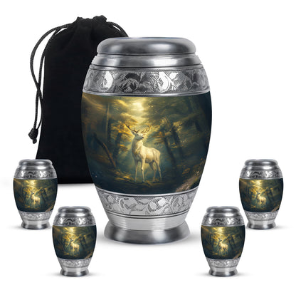 Midnight Black Deer Cremation Urn detail view - majestic deer pattern with filigree border - memorial set with one large and four small urns