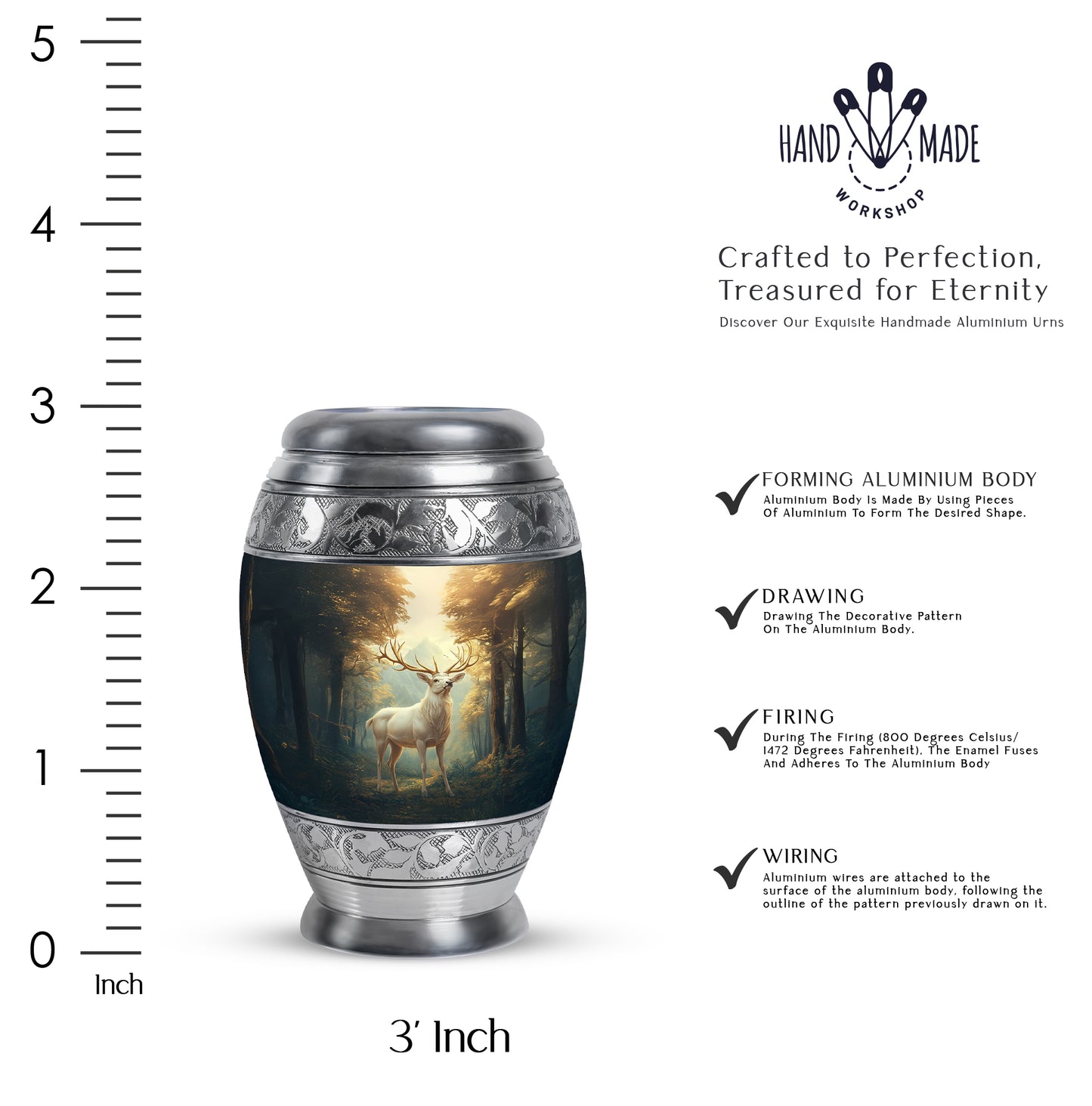 Royal Gold Deer Cremation Urn lifestyle display on memorial shelf - majestic deer pattern with filigree border - mini keepsake memorial for portion of cremation ashes