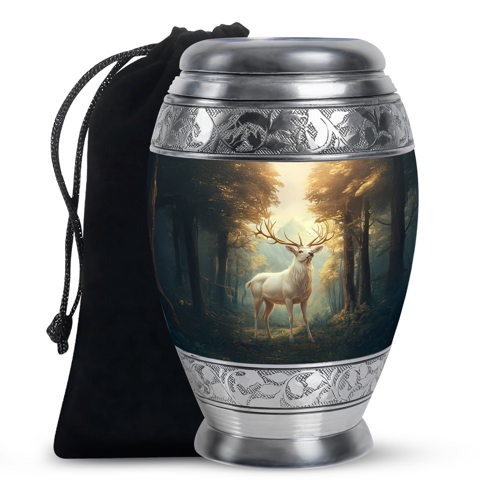 Burnished Gold Deer Cremation Urn back view with polished surface - majestic deer pattern with filigree border - full-size 10 inch 200 cubic inch adult cremation urn