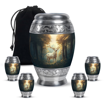 Sunrise Gold Deer Cremation Urn detail view - ornate monarch-style deer relief on brushed aluminum - memorial set with one large and four small urns