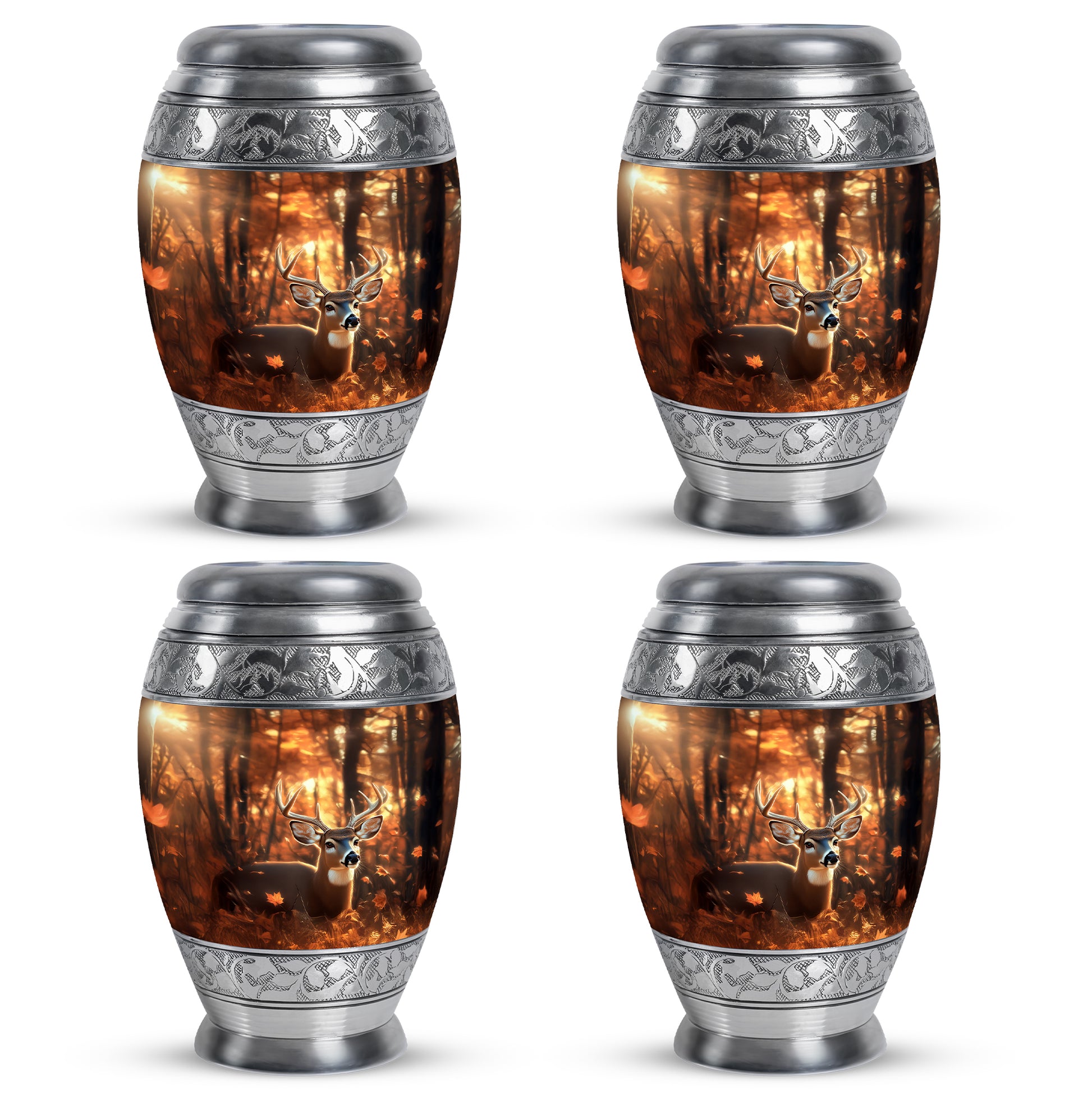 Warm Gold Deer Cremation Urn urn with complimentary velvet bag - royal deer engraving with decorative scrollwork - 10 inch aluminum urn for cremated remains