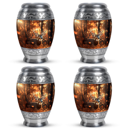 Warm Gold Deer Cremation Urn urn with complimentary velvet bag - royal deer engraving with decorative scrollwork - 10 inch aluminum urn for cremated remains