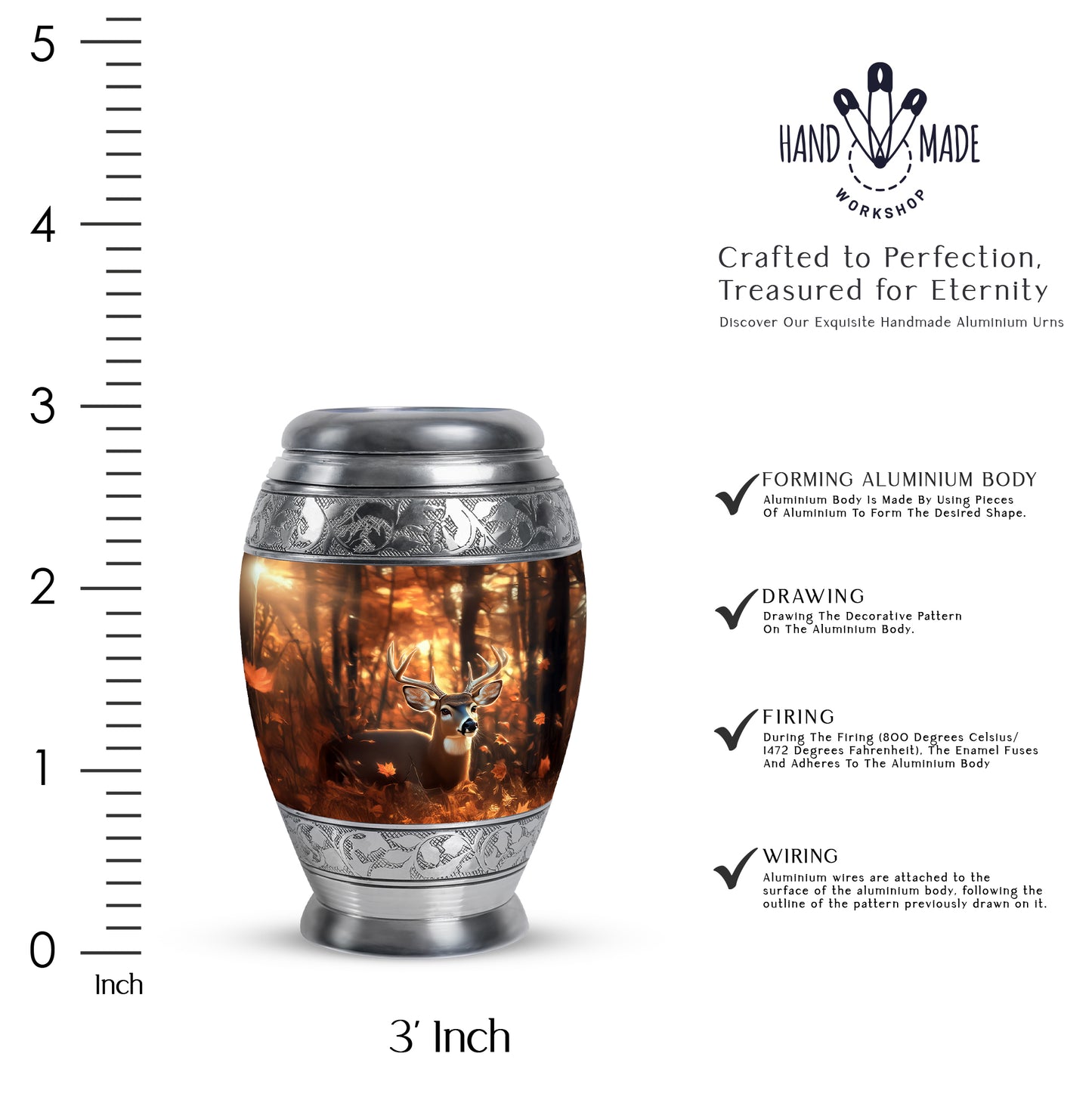 Burnished Gold Deer Cremation Urn lifestyle display on memorial shelf - royal deer engraving with decorative scrollwork - mini keepsake memorial for portion of cremation ashes