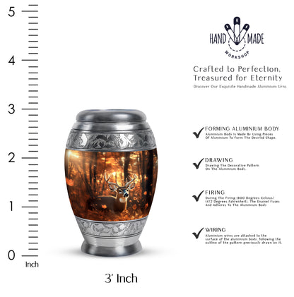 Burnished Gold Deer Cremation Urn lifestyle display on memorial shelf - royal deer engraving with decorative scrollwork - mini keepsake memorial for portion of cremation ashes