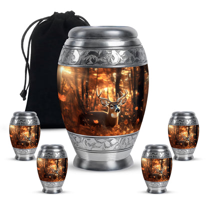 Amber Gold Deer Cremation Urn detail view - regal deer design with crown-inspired accents - memorial set with one large and four small urns