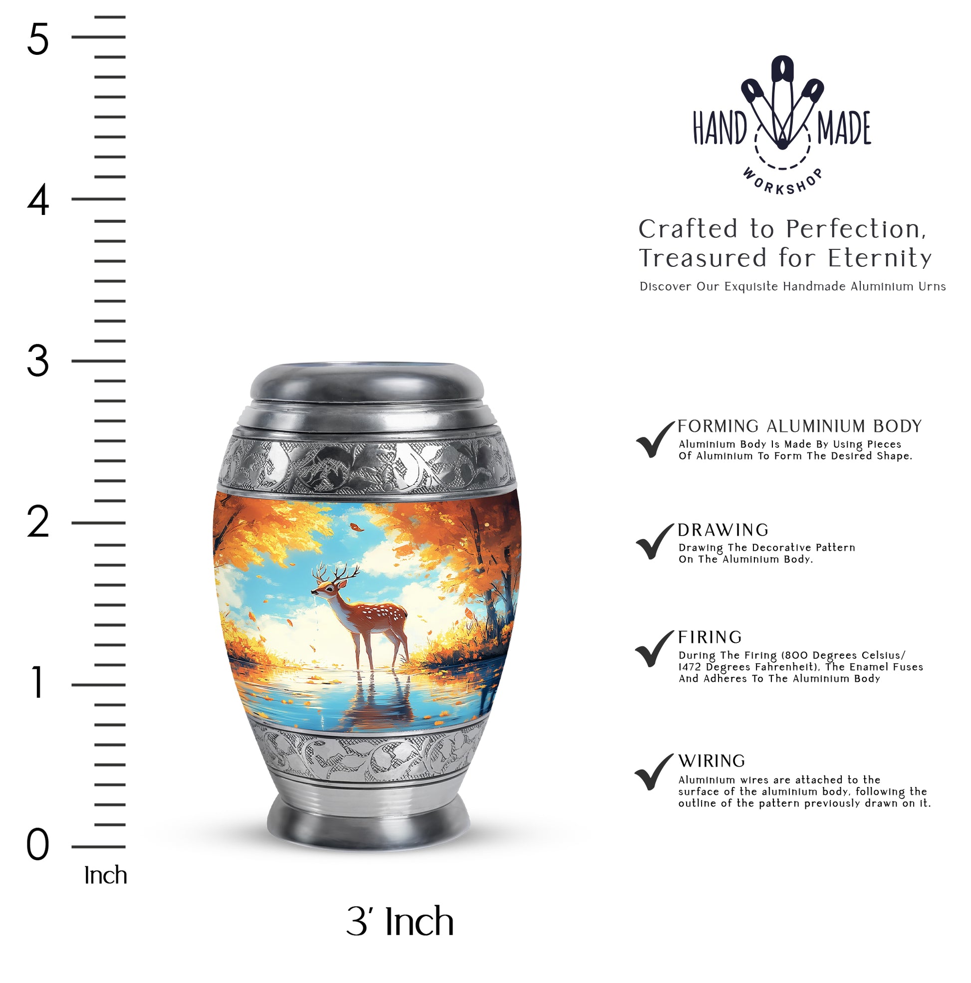 Mystic Teal Deer Cremation Urn lifestyle display on memorial shelf - royal deer engraving with decorative scrollwork - mini keepsake memorial for portion of cremation ashes