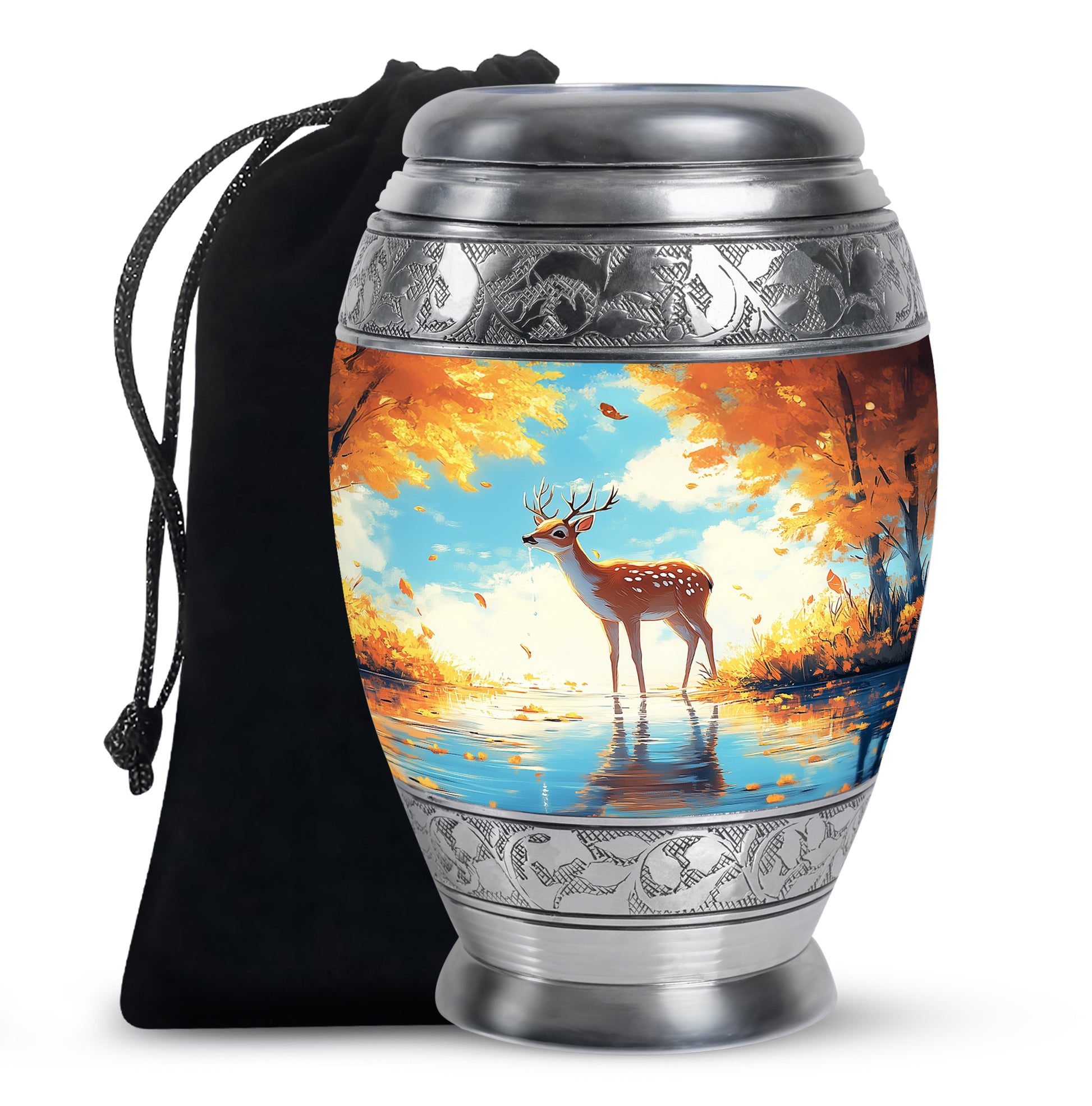 Jewel Teal Deer Cremation Urn back view with polished surface - regal deer design with crown-inspired accents - full-size 10 inch 200 cubic inch adult cremation urn