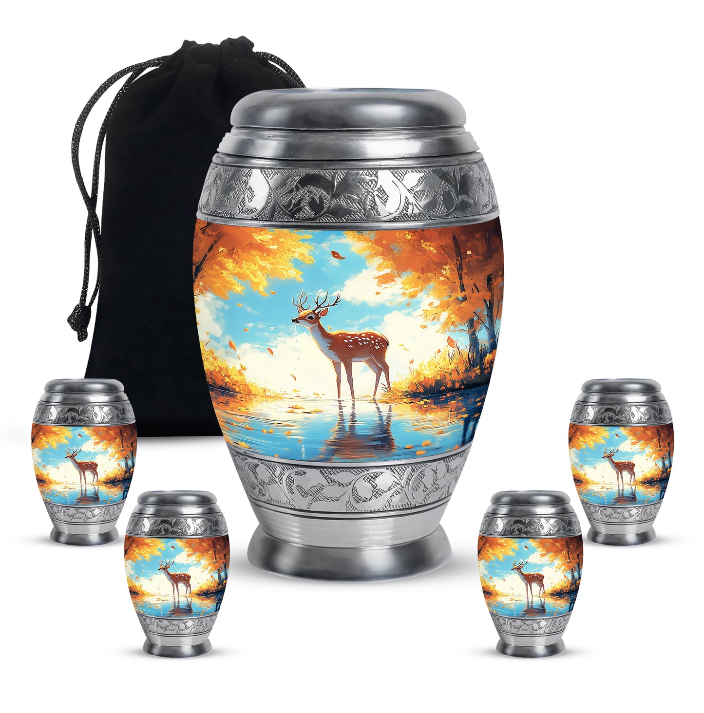 Tropical Teal Deer Cremation Urn detail view - majestic deer pattern with filigree border - memorial set with one large and four small urns