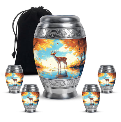 Tropical Teal Deer Cremation Urn detail view - majestic deer pattern with filigree border - memorial set with one large and four small urns