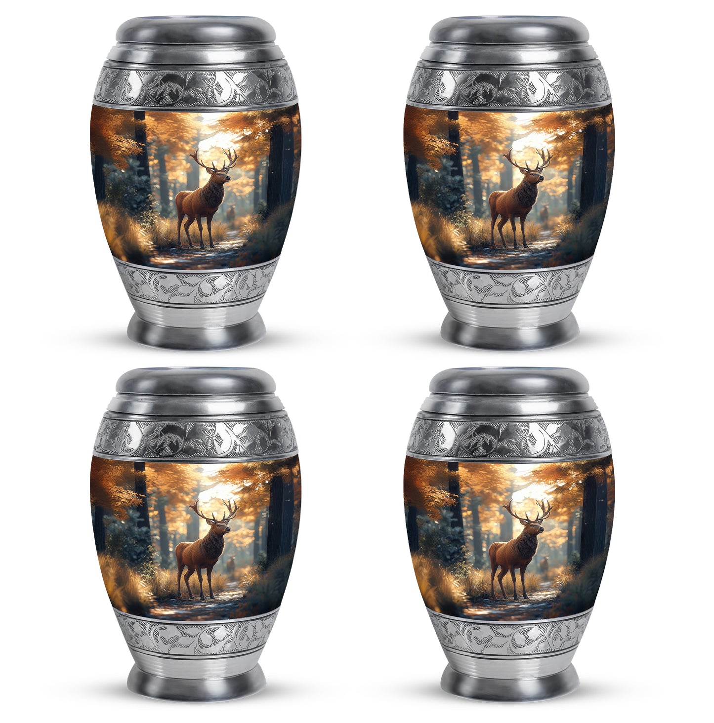 Antique Gold Deer Cremation Urn urn with complimentary velvet bag - ornate monarch-style deer relief on brushed aluminum - 10 inch aluminum urn for cremated remains