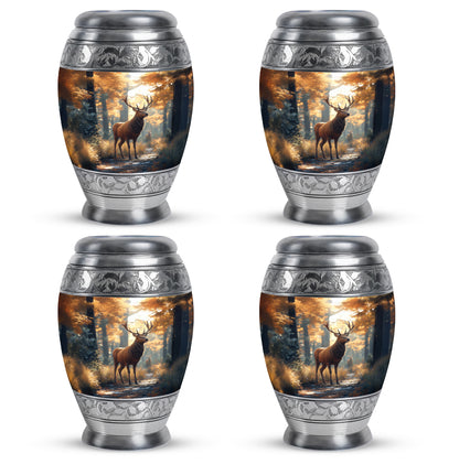 Antique Gold Deer Cremation Urn urn with complimentary velvet bag - ornate monarch-style deer relief on brushed aluminum - 10 inch aluminum urn for cremated remains