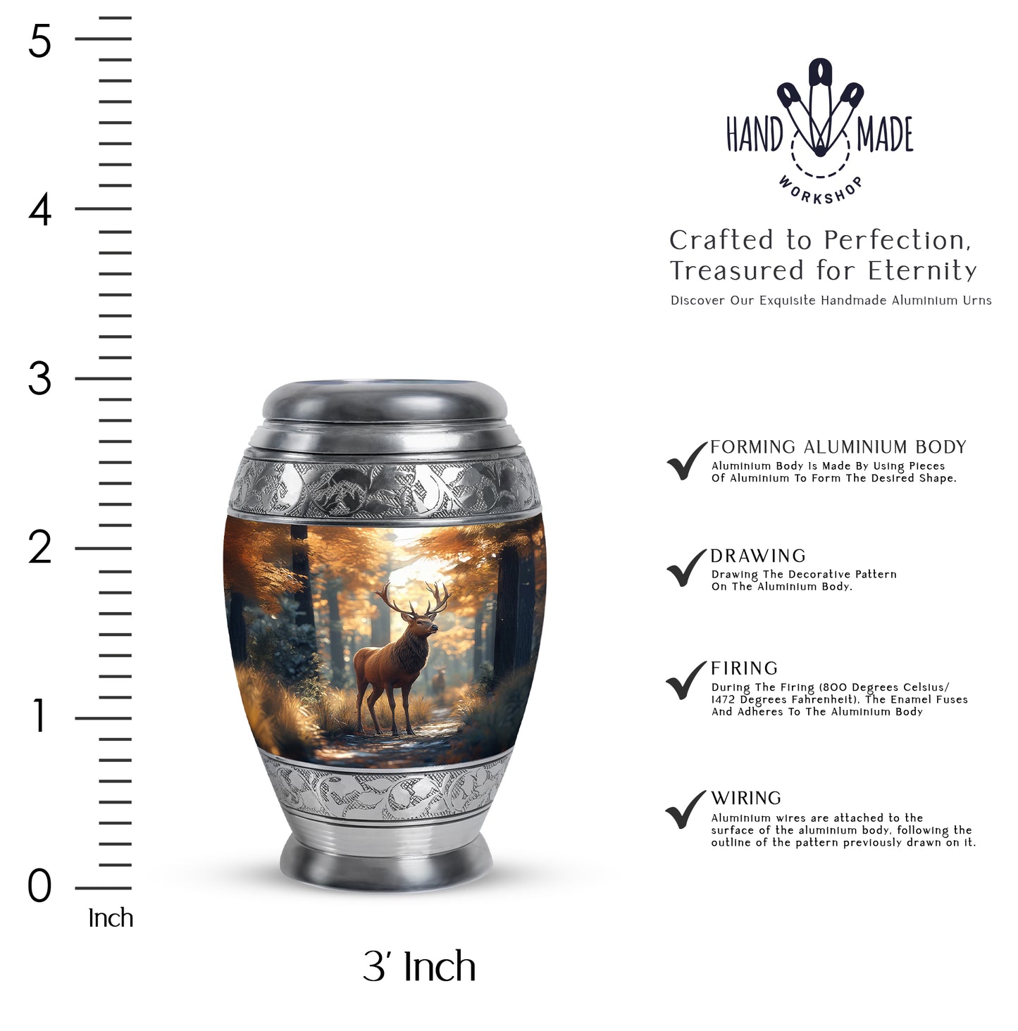 Amber Gold Deer Cremation Urn lifestyle display on memorial shelf - ornate monarch-style deer relief on brushed aluminum - mini keepsake memorial for portion of cremation ashes