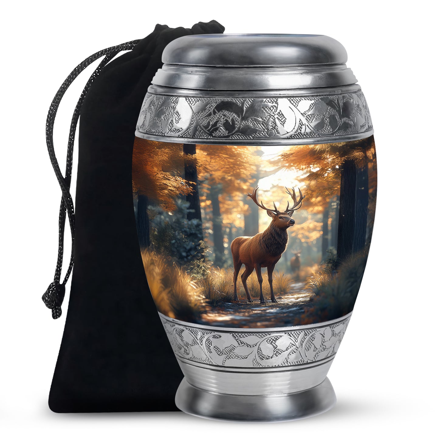 Matte Gold Deer Cremation Urn back view with polished surface - majestic deer pattern with filigree border - full-size 10 inch 200 cubic inch adult cremation urn