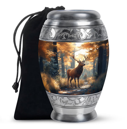 Matte Gold Deer Cremation Urn back view with polished surface - majestic deer pattern with filigree border - full-size 10 inch 200 cubic inch adult cremation urn
