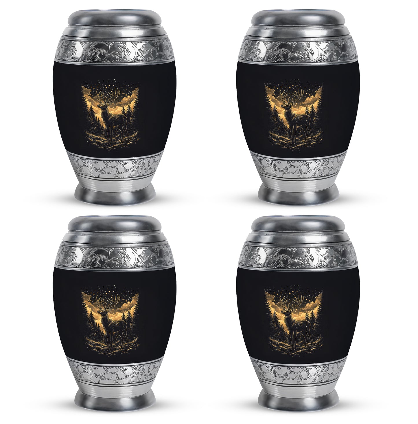 Dark Black Deer Cremation Urn urn with complimentary velvet bag - royal deer engraving with decorative scrollwork - 10 inch aluminum urn for cremated remains