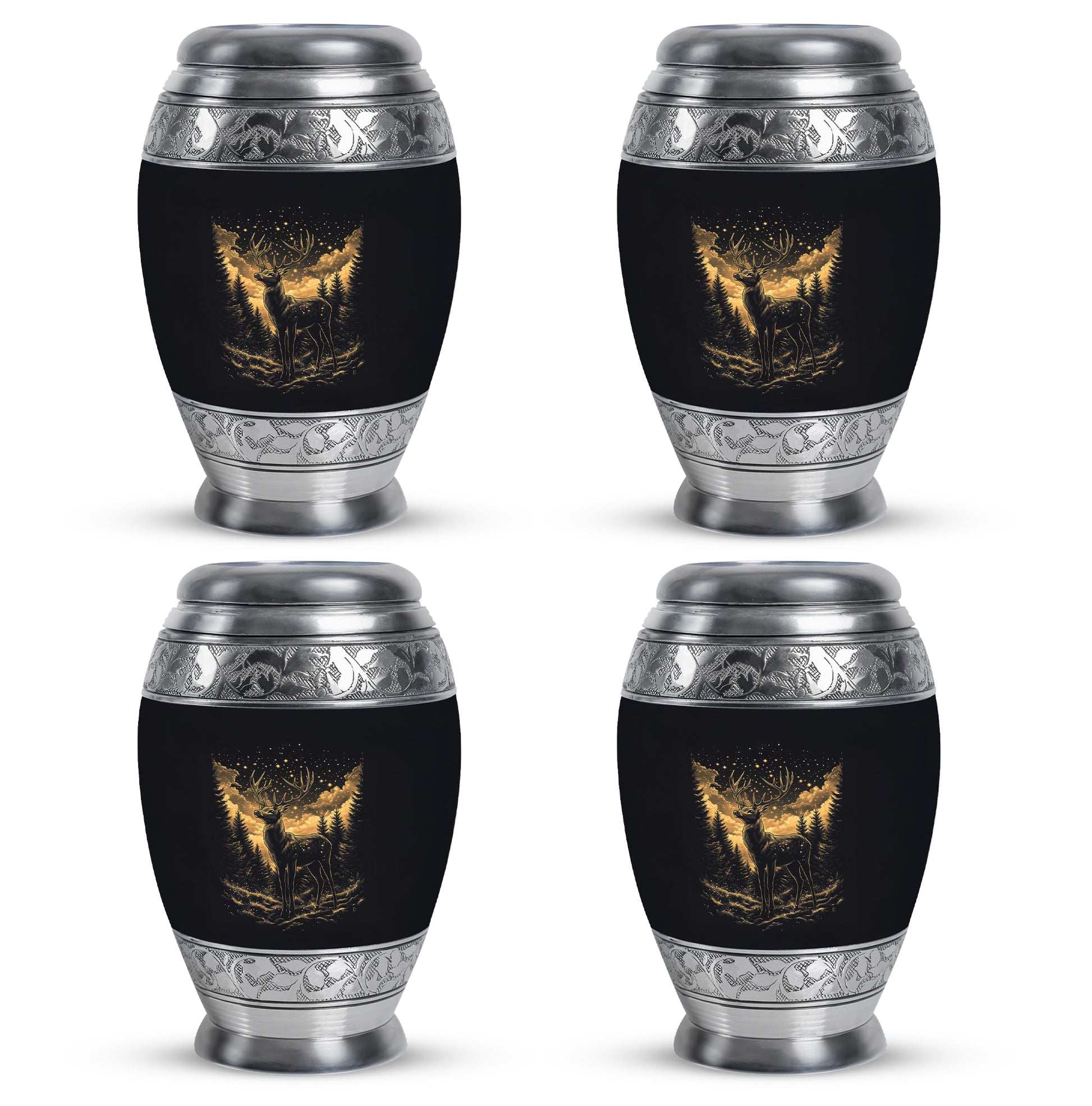 Dark Black Deer Cremation Urn urn with complimentary velvet bag - royal deer engraving with decorative scrollwork - 10 inch aluminum urn for cremated remains