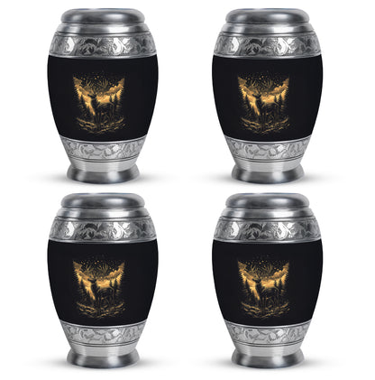 Dark Black Deer Cremation Urn urn with complimentary velvet bag - royal deer engraving with decorative scrollwork - 10 inch aluminum urn for cremated remains