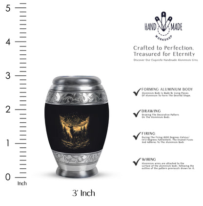 Glossy Black Deer Cremation Urn lifestyle display on memorial shelf - regal deer design with crown-inspired accents - mini keepsake memorial for portion of cremation ashes