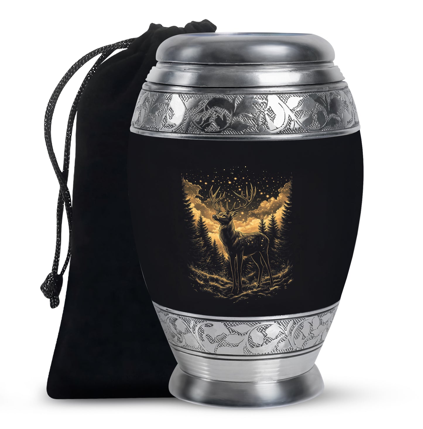 Ebony Deer Cremation Urn back view with polished surface - regal deer design with crown-inspired accents - full-size 10 inch 200 cubic inch adult cremation urn