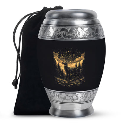 Ebony Deer Cremation Urn back view with polished surface - regal deer design with crown-inspired accents - full-size 10 inch 200 cubic inch adult cremation urn