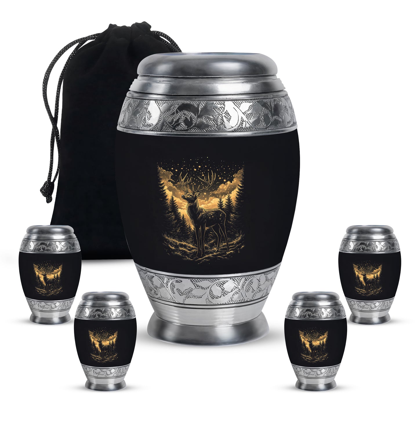 Ebony Deer Cremation Urn detail view - ornate monarch-style deer relief on brushed aluminum - memorial set with one large and four small urns