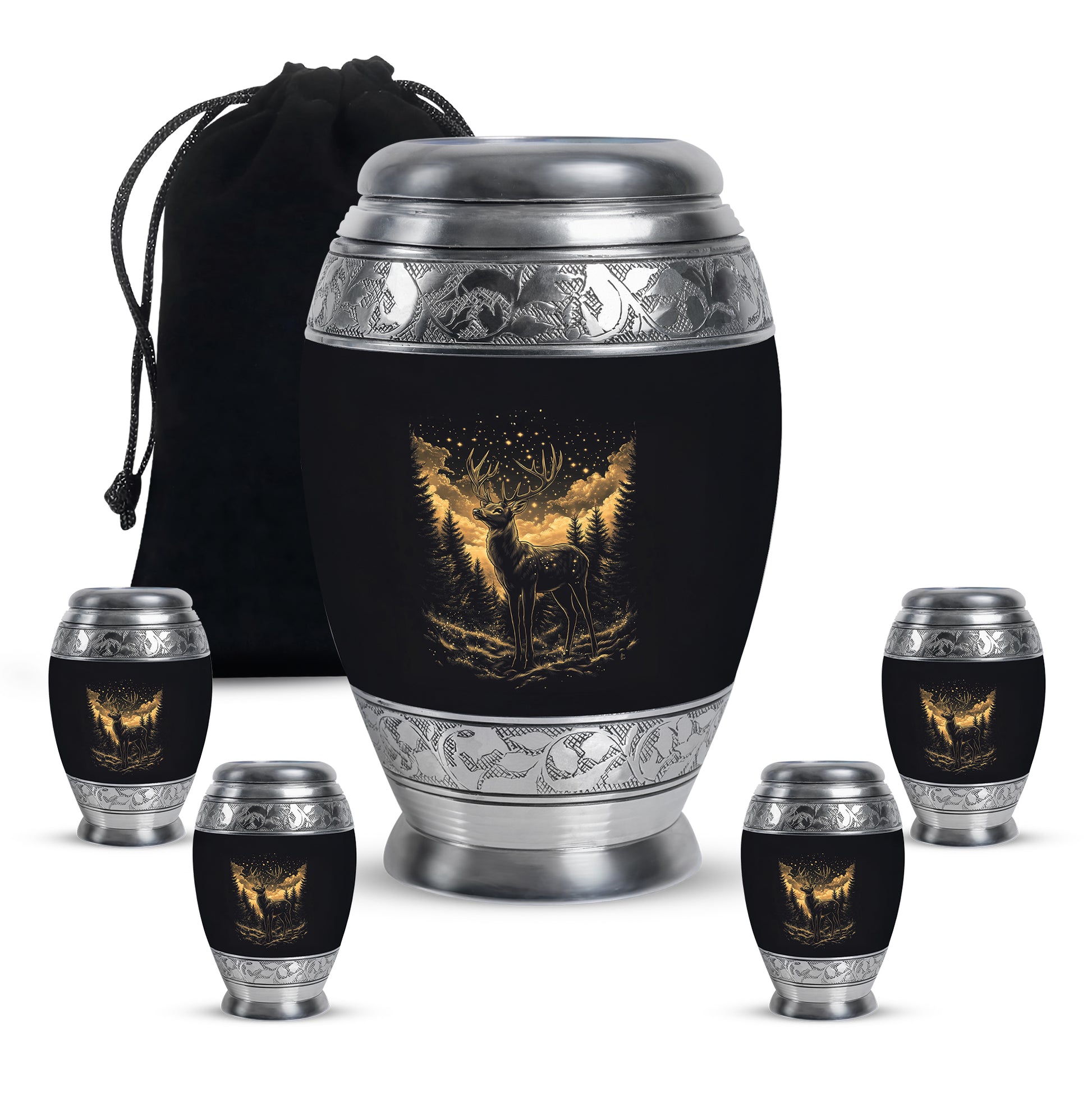 Ebony Deer Cremation Urn detail view - ornate monarch-style deer relief on brushed aluminum - memorial set with one large and four small urns