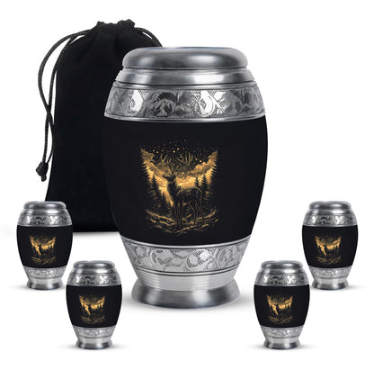 Ebony Deer Cremation Urn detail view - ornate monarch-style deer relief on brushed aluminum - memorial set with one large and four small urns