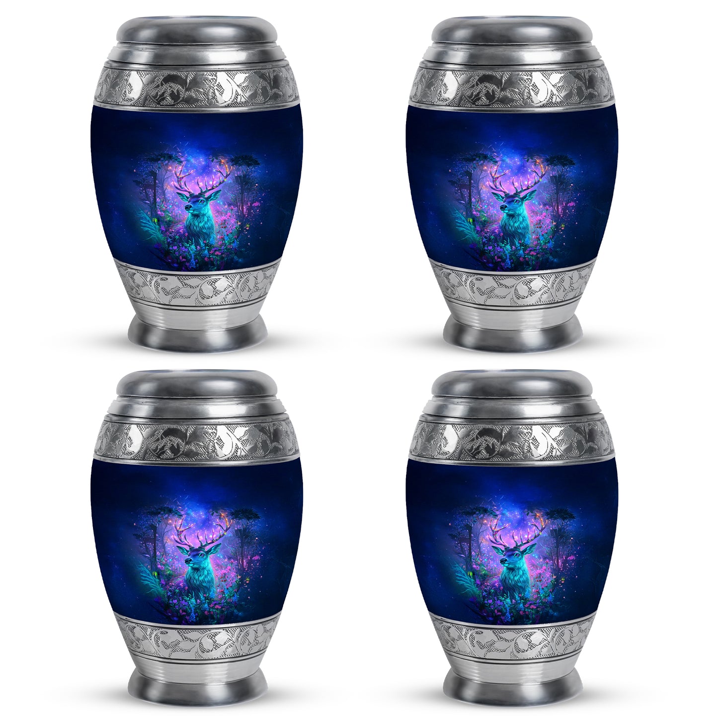Steel Blue Deer Cremation Urn urn with complimentary velvet bag - royal deer engraving with decorative scrollwork - 10 inch aluminum urn for cremated remains
