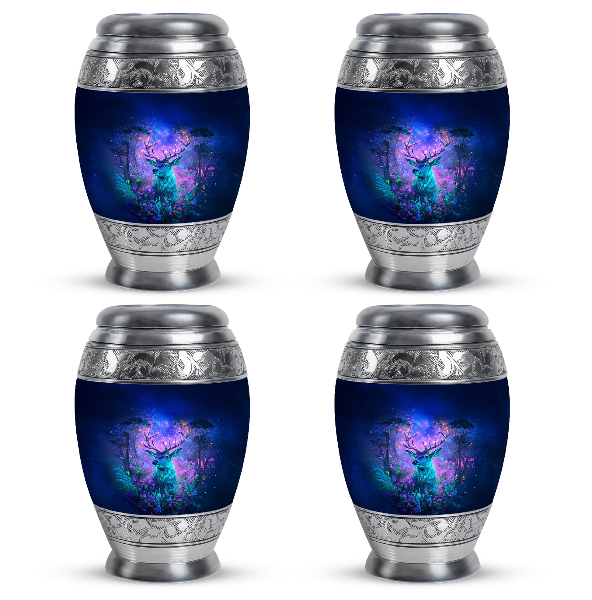 Steel Blue Deer Cremation Urn urn with complimentary velvet bag - royal deer engraving with decorative scrollwork - 10 inch aluminum urn for cremated remains