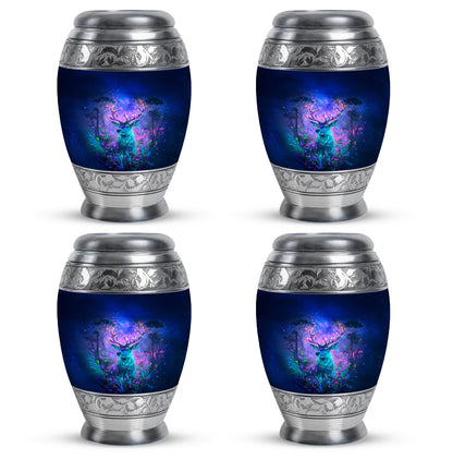 Steel Blue Deer Cremation Urn urn with complimentary velvet bag - royal deer engraving with decorative scrollwork - 10 inch aluminum urn for cremated remains